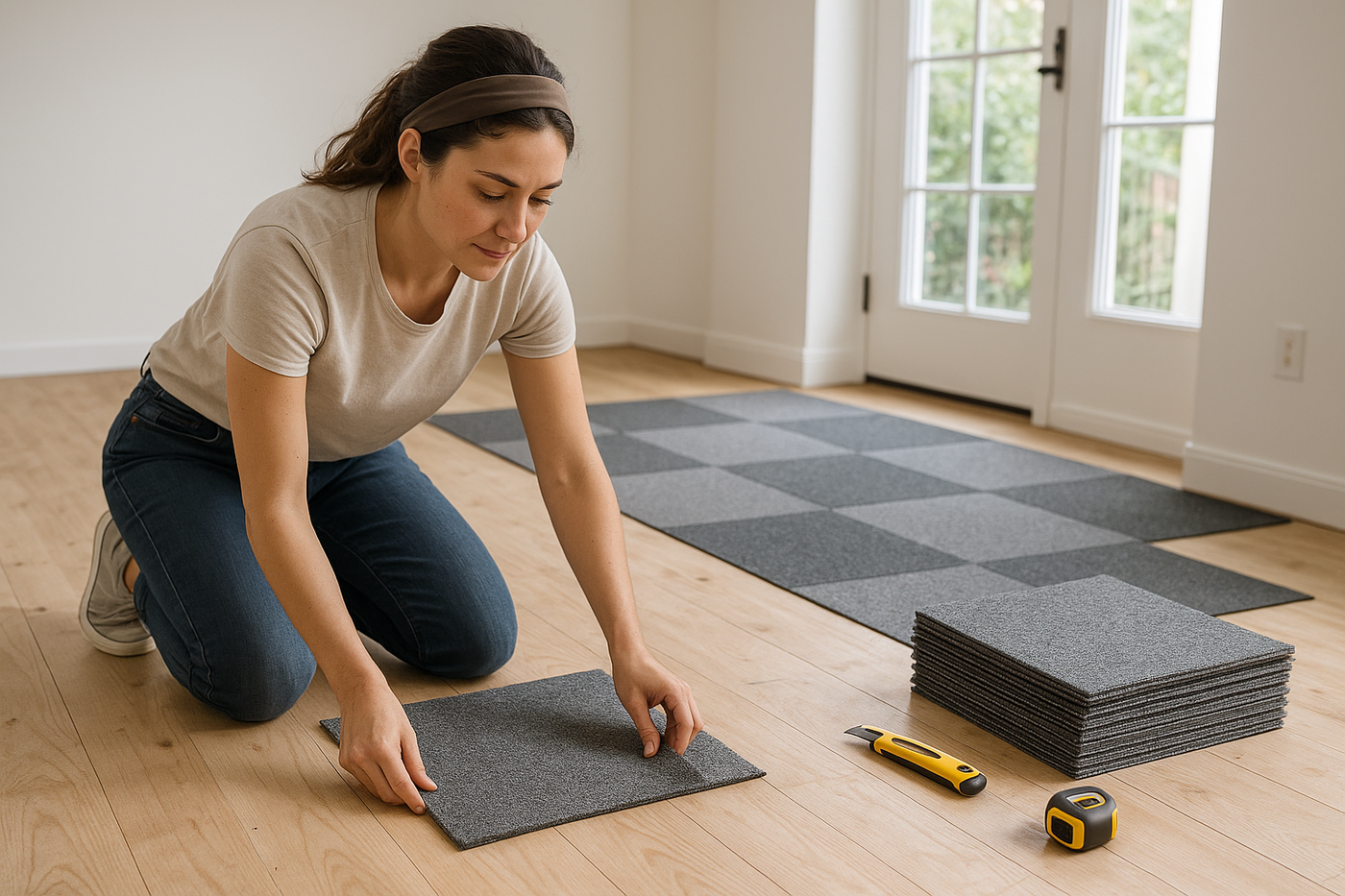 a woman at home fitting carpet tiles onto the subfloor