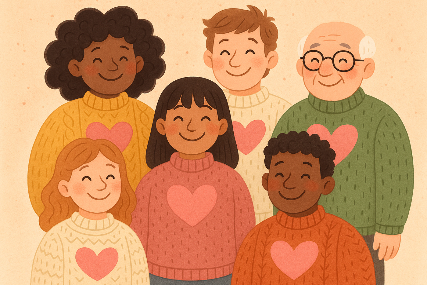 cartoon of people with pink hearts on their wooly jumpers smiling