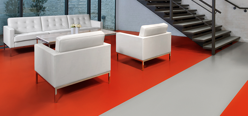 Polyflor Bloc in reception area in colours Red Beacon and Urban Chic