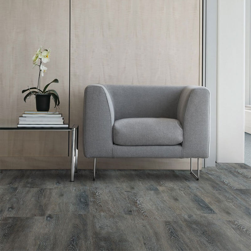 Grey/brown textured woodgrain used in seating area
