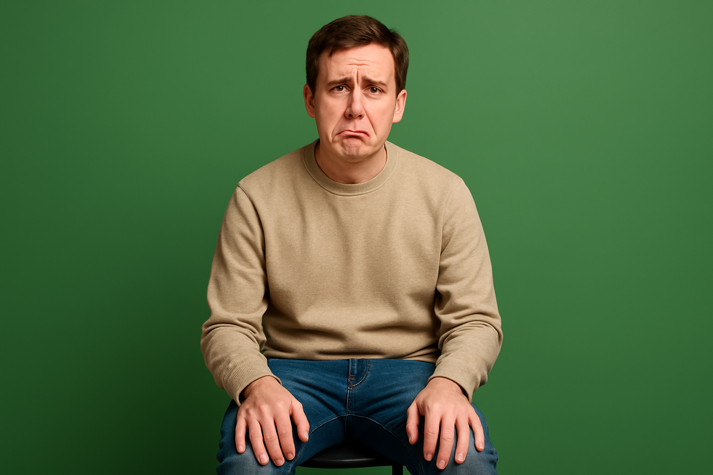 make it modern not artistic. a normal looking person with a green background and they don't need to look depressed just have a fake sad face